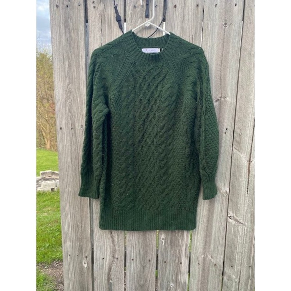 Anrabess Forest Green Cable Knit Crewneck Sweater XS Raglan Sleeve Chunky Knit